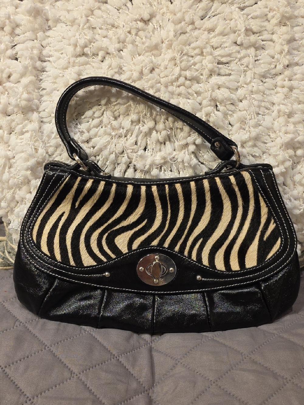 Sofia C. Black Crinkle Leather Shoulder Bag with Fur Animal-Print Panel